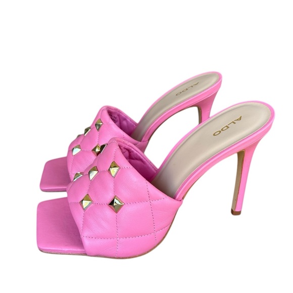 Aldo Saesa Pink Studded Square Toe Leather Heeled Sandals - Picture 6 of 10